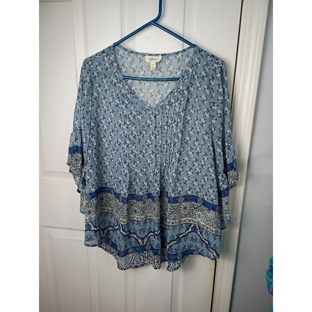 Style & Co Woman M sheer Flowy Floral 3/4 Bell Sleeve Relaxed Fit Blouse Blue